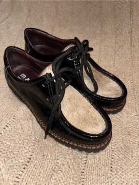Maze Black Patent Leather Lug Sole Lace Up Shoes Fur Inset Italy Size 37 (7)